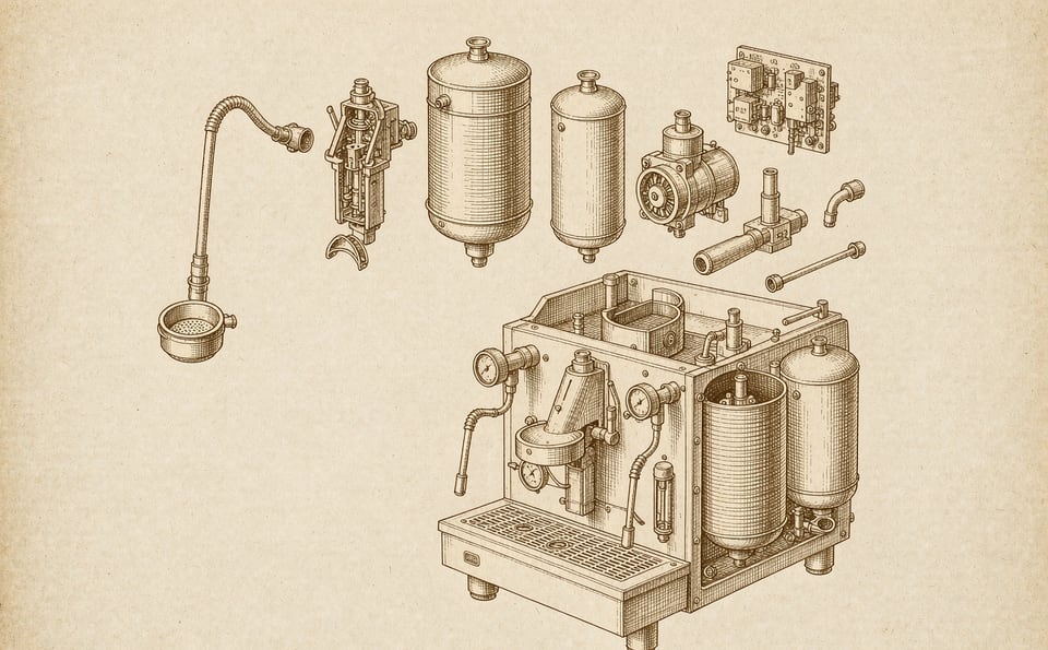 Exploded view of a JEEGA espresso machine